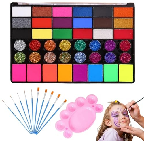 Face Painting Kit, 42 Vibrant Face Paints, Face Paint Kit with 10 Brushes and Color Palette, Washable Body Paint, Face Painting Stencils, for Kids and Adults Parties Performances Halloween paintings