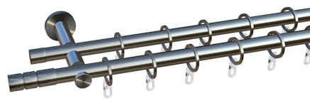 tilldekor Gardinenstange nach Maß, Alicante, 2-Lauf, Edelstahl-Optik 20 mm Durchmesser, Wunschmaßlänge 390 cm inkl. Trägern,Endstücken, Ringen und Faltenlegehaken