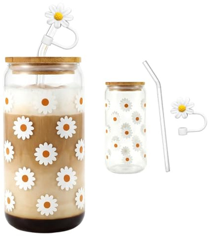 xianynow Ästhetisches Trinkglas mit Strohhalm und Deckel – 500ml Glasbecher für Bubble Tea, Eiskaffee und Smoothies – Eleganter Gänseblümchen Blumenbecher für Clean Girl Stuff