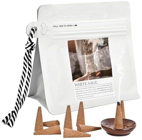 White Sage Incense Cones 30 Pcs Count with Holder - Smudging Incense for Positive Energy & Spiritual Cleansing