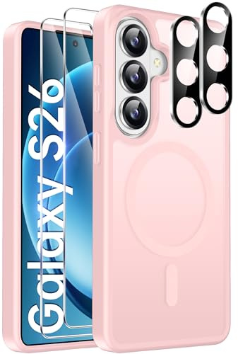 ivencase Magnetic for Samsung Galaxy S26 5G Case with 2 Pack Screen Protector and 2 Pack Camera Lens Protector, Compatible with MagSafe, Shockproof Protective Translucent Matte Back Case -Pink