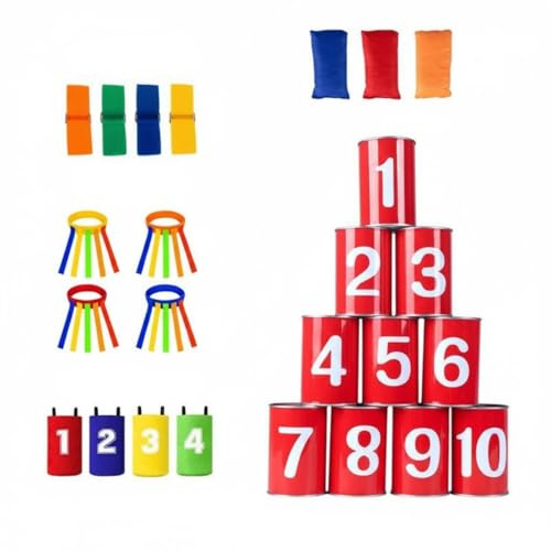 Xgdsnly Dosenwerfen mit Sandsäcken Indoor & Outdoor geeignet Dosenwerfen Spielset Robustes Metallmaterial Büchsenwerfen mit Wurfsäckchen für Garten, Camping, Rote Zahlen Vierer-Set