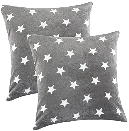 MALIKA Nicky-Teddy Cashmere Touch Coral Fleece Kissenbezug Kissenhülle alle Größen Couchkissen Sofakissen Deco Sterne, Größe:2X 40x40 cm Kissen, Designe:Sterne-GRAU