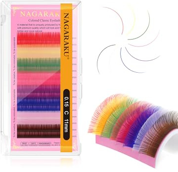 NAGARAKU Bunte Einzelwimpern 1:1 Wimpern 8 gemischte Regenbogenfarben Klassische Wimpernverlängerung Farbige Wimpern Lashes 16 Reihen Coloured Individual Eyelashes Supplies(0.15 C Curl 11mm)