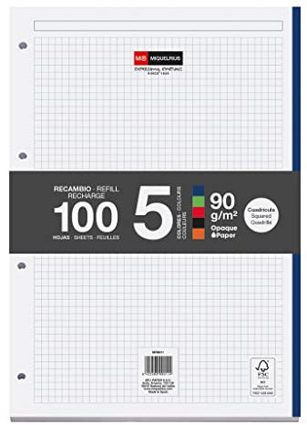 Miquelrius – Nachfüllblock, 100 karierte Blätter 5x5 mm, Opakes Papier 90 g/m², A4 Ersatzblätter gelocht für Ringordner oder Schnellhefter, Schulbedarf, 5 Blattfarben