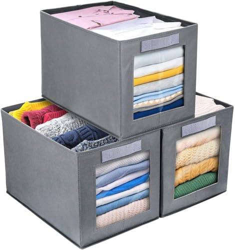 Foldable Wardrobe Storage Boxes, 3 Pack Fabric Shelf Clothes Organiser Grey