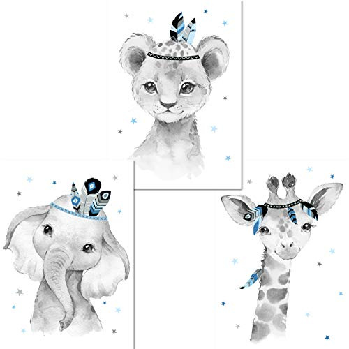 LALELU-Prints | A4 Bilder Kinderzimmer Poster | Zauberhafte Indianer-Tiere Boho Feder blau | Babyzimmer Deko Junge | 3er Set Kinderbilder (DIN A4 ohne Rahmen)