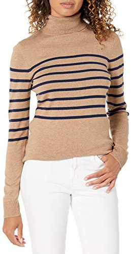 Amazon Essentials Women's Lätt långärmad tröja med polokrage klassisk passform (finns i plusstorlek), Kamelbrun Marinblå Placerad rand, M