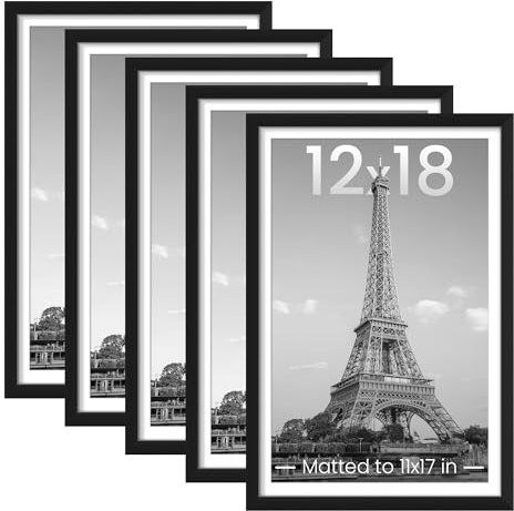 upsimples 12x18 Picture Frame Set of 5, Display Pictures 11x17 with Mat or 12 x 18 Without, Wall Gallery Poster Frames, Black