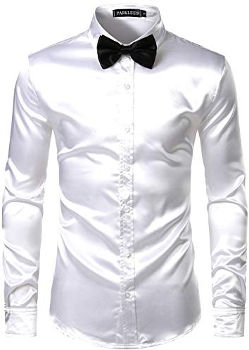 PARKLEES Men's Luxury Shiny Silk Like Satin Long Sleeve Dress Shirts for Party Disco Prom PZLCL14 White S