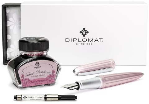Diplomat Aero Füllhalter-Set Antique Rose, Octopus Tinte und Konverter | Metallfüllhalter mit Edelstahlfeder M, 30 ml Octopus Tinte Königsblau und Tintenkonverter