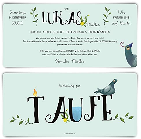 80 x Einladungskarten zur Taufe - Text einfach individuell selbst gestalten DIN Lang für Mädchen oder Jungen witzig verspielt - Party Taube