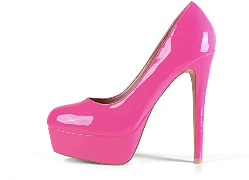 Zhabtuc Escarpins Femme Plateformes Talons Aiguille 14CM Bout Rond Fermé Vernis High Heels Party Soirée Mariage Chaussures Talons Hauts, Rose Fluo, 40 EU