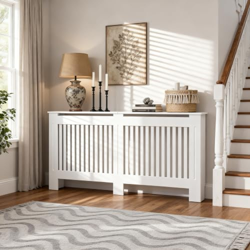 FATIVO Heizkörperverkleidung 172×19×92cm Hohe Heizkörperabdeckung Vertikal Lamell Holz Weiß aus MDF lackiert Landhausstil Heizungsverkleidung Hoch für Schlafzimmer Wohnzimmer Büro Heizkörper Abdeckung