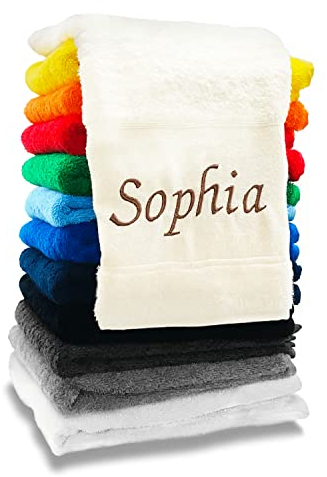 Handtuch mit Namen | Personalisierte Handtücher in 3 Größen | Badetuch, Duschtuch mit Namen Bestickt aus Baumwolle | Saunatuch Groß | Badehandtuch Bestickt mit Wunschtext (100 x 180 cm, Hellgrau)