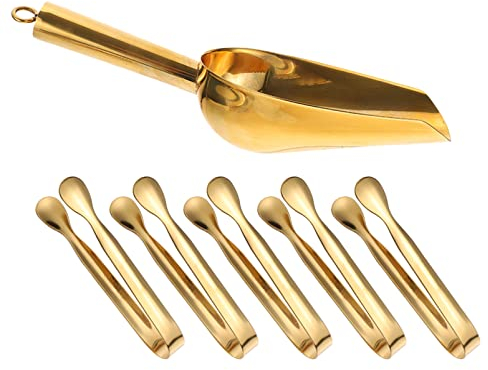 Operitacx 6 Stück Edelstahl-Süßigkeitenschaufeln und Zangen-Set, 1 Eisschaufel für Bar 18,8 cm und 5 Stück Kaffee-/Zuckerwürfel-Zangen, 10,8 cm, für Lebensmittel, Mehl, Restaurant, Küche, Gold