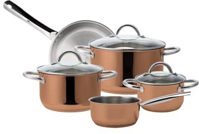 ECHTWERK 8-Piece Induction Cooking Pot Set, Stainless Steel, Glass Lid, 3 x Saucepan, Saucepan and Frying Pan, Copper Edition, Suitable for All Types of Cookers