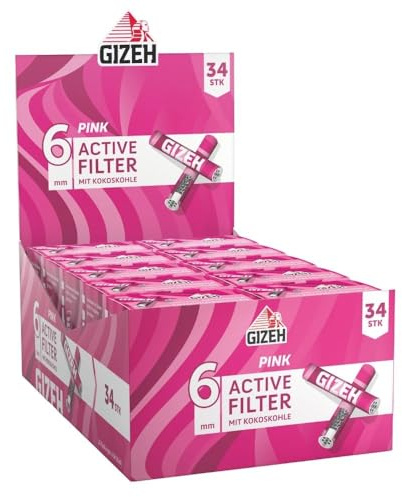 GIZEH PINK Active Filter, Ø 6 mm – 10 Beutel á 34 Filter | Aktivkohlefilter slim mit Aktivkohle aus Kokosschale & wiederverwendbaren Keramikkappen - 27 mm Länge