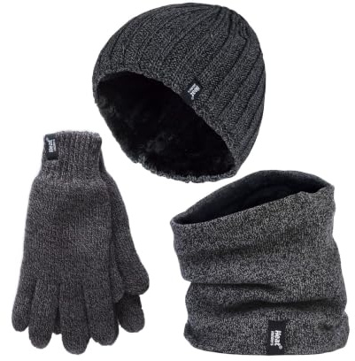 Heat Holders Herren Halswärmer Mütze Handschuhe Set Winddicht Warm Gestrickt Fleece Thermo Winter Set