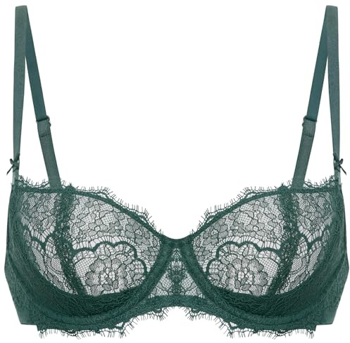 DOBREVA Balconette Push Up Spets BH för kvinnor, plus storlek med genomskinliga ringar, Smaragd i Midnatt, 95F