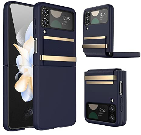 TECHGEAR for Samsung Galaxy Z Flip 4 Screen Protector Case, Z Flip 4 Case with Stylish Leather Hinge & Metal Trim, Hard PC Shockproof [Screen Protector] Case for Samsung Z Flip4, Blue