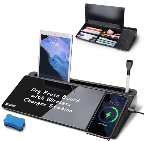 SELEAD Desktop Glass Whiteboard with Wireless Charger Station, Dry Erase Board Computer Pad Keyboard Stand with Organizer for Home, School, Office Desk Accessories, Black