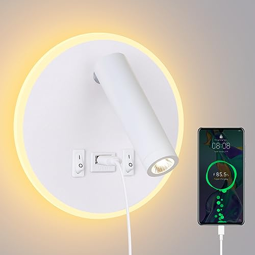 ERWEY LED Wandleucte Wandlampe,Leselampe Wandmontage verstellbarer Strahler 3W 4000K+5W 3000K Bettlampe mit Schalter und USB-Aufladung, Leselicht Nachtlicht für Schlafzimmer,Weiß