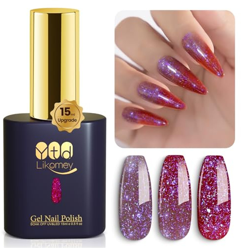 YTD Likomey UV Gel-lack Nagellack,15ml Lila Mörkröd Glitter Temperaturfärg Gel Nagellack,Färgskiftande Manikyr,Kameleontfärg Gellack,WB340