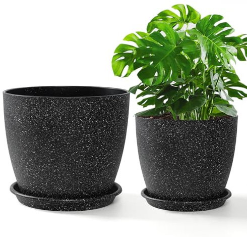 SOMYTING 24/19 cm svart blomkruka, 2-pack örtkruka plast med dräneringshål och tefat, blomkruka sats, inomhus och utomhus basilika kruka orkidé kruka