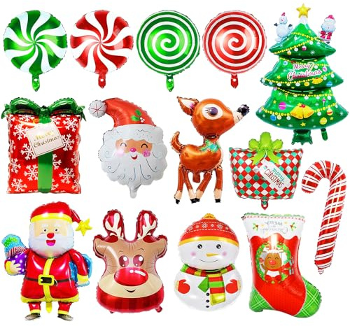 Dvaorc Confezione da 14palloncini in lamina di alluminio,decorazioni per feste di Natale,Babbo Natale,renna,pupazzo di neve,bastoncini di zucchero,albero di Natale,decorazioni per palloncini natalizi