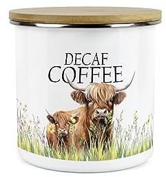 Purely Home Highland Cow & Calf Decaf Coffee - Country Farm - White Metal Enamel Medium Sized Kitchen Food Storage Container