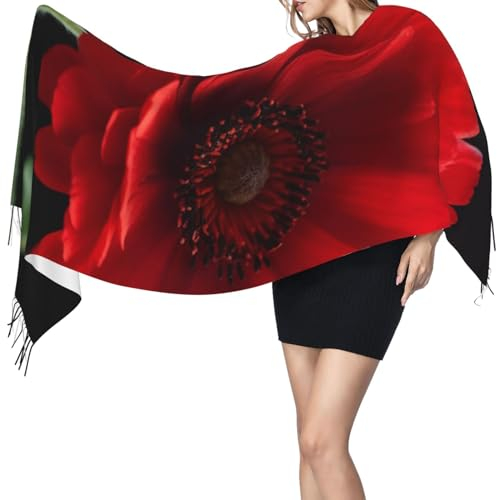 Btcowzrv Schal für Damen, Kaschmir-Schal, rote Blume, leicht, für Herbst und Winter, Fransenschal, Rote Blume, EinheitsgröÃŸe