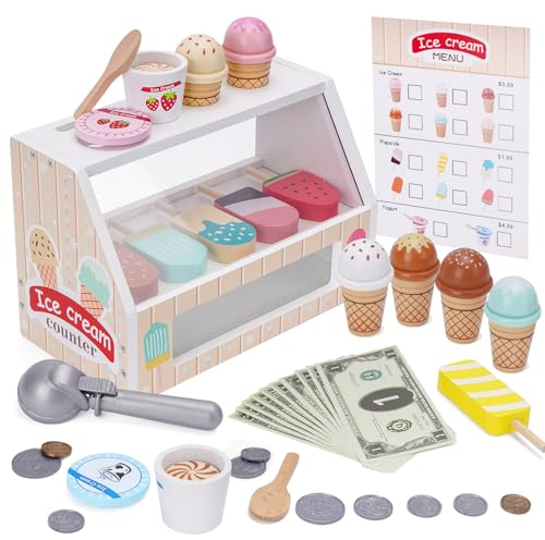 Eisdiele Kinder Holz, Kinderküche Zubehör ab 3 Jahre, Holzspielzeug Spielküche Zubehör, Eisladen Kinder Holz Einkaufsladen, Montessori Spielzeug Weihnachten Kinderspielzeug für Jungen Mädchen