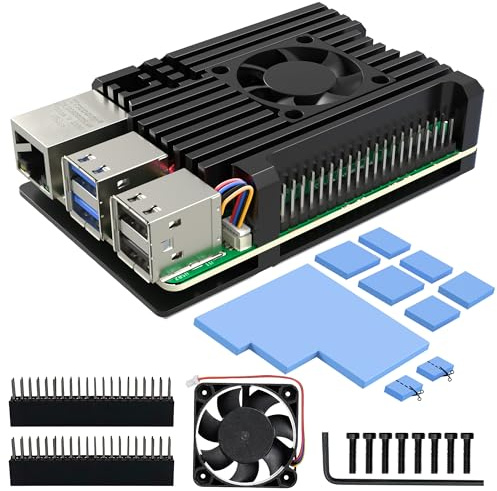 Miuzei Aluminium Gehäuse für Raspberry Pi 5 16GB/8GB/4GB mit PWM Lüfter | Passive + aktive PWM-Kühlung, leiser Lüfter, 6 Wärmeleitpads, GPIO-Zugang, Montageset