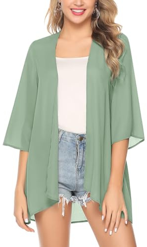 Irevial Kimono Cardigan Donna Estivo Chiffon Copricostume Mare Casual a Maniche 3/4 Cardigan Lungo Leggero per Mare Party Grigio Verde XL