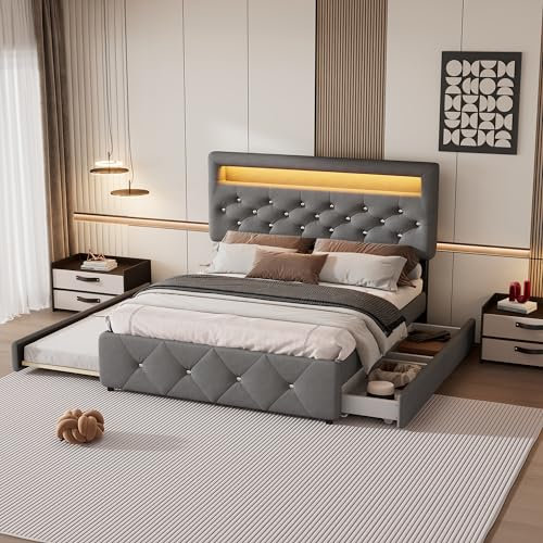 Kehun Polsterbett 140×200 mit LED-Kopfteil, Doppelbett mit Ausziehbarem Bett für 3 Personen, Stauraumbett mit 2 Stauraum Schubladen, Bett mit Lattenrost aus Holz, Leinen, Grau, Ohne Matratze
