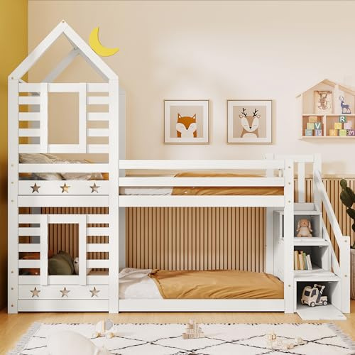 I0I&I0I Bunk Bed Storage Children Cabin Bed Single Bed with Window for Kids, Twin Sleeper 190x90 cm, Solid Pine Wood,3FT (White)