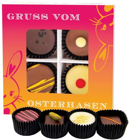 Hallingers Genuss Manufaktur Pralinen Oster-Geschenk - ohne Alkohol, handmade aus Confiserie-Edelkakao in wertiger Geschenkbox Gruß vom Osterh..., Ostern Körbchen für Frauen Männer