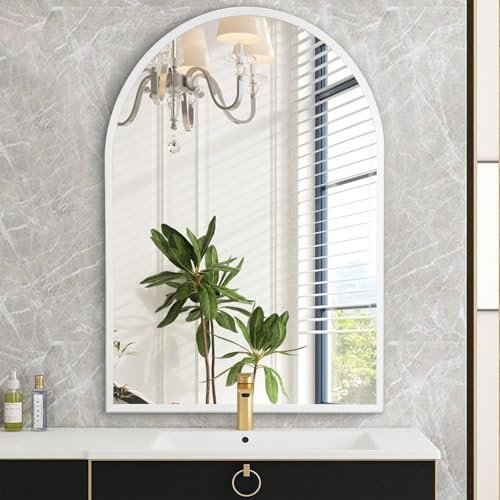 HLFMVWE Arched Wall Mirror Bathroom Mirror Brushed Metal Vanity Wall Mounted Mirror for LivingRoom Bedroom Entryway Room Home Decor White 30 x 40CM
