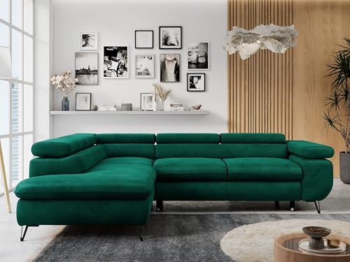 MKS MEBLE Ecksofa Wohnlandschaft L-Form mit Schlaffunktion und Bettkasten, Schlafsofa mit Bettkasten, Sofa mit Einstellbare Kopfstützen, Peter L - Velvet - Links Dunkelgrün
