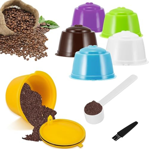 6 Capsules De Café Réutilisables, Colorés Capsules Rechargeables à Café Capsule Filtre De Café Réutilisables Avec 1 Cuillère à Café Et 1 Brosse