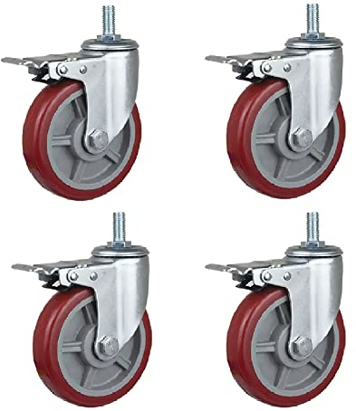 Lenkrollen, drehbar, 4 × Lenkrollen, Gewinde M12 × 30, Schwerlastrollen, Tragkraft 300–400 kg, mit Bremse, leises PU, 3 Zoll, 4 Zoll, 5 Zoll, Lenkroll