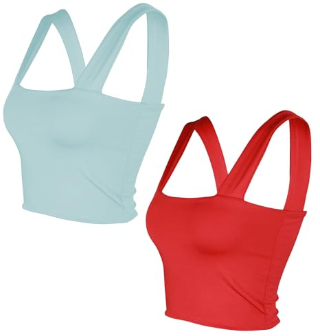 Dam 2-pack väst ärmlös strappy kort linne fyrkantig hals dubbla lager fitness vardaglig bas toppar, Blåröd, S