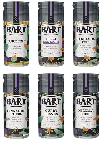 BART Indian Spice Collection - Turmeric, Cinnamon Sticks, Cardamom pods, Curry Leaves, Nigella Seeds & Pilau Spice Blend - Ideal for Indian Cooking (6 Jar Bulk Buy Set)