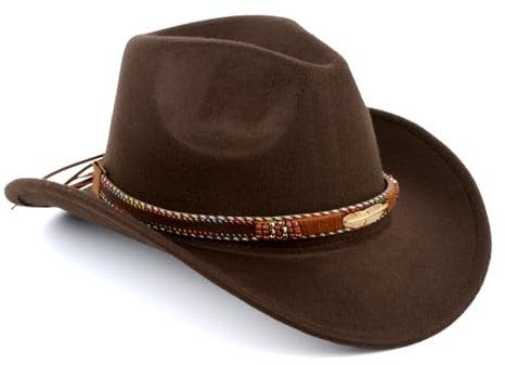 Cowboyhut für Damen und Herren, Cowboyhut mit breiter Krempe, weicher Filzhut für Männer und Frauen, klassischer brauner Western-Stil mit goldfarbenem Federband, perfekt für Cowboy-Outfit,
