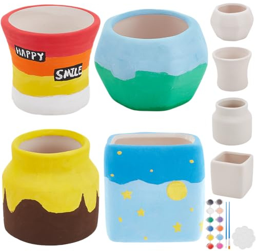 WEBEEDY 4 Größen Kleine Keramiktöpfe Malset Mini Keramik Sukkulenten Töpfe Figuren Malen Bastelset für Erwachsene Anfänger Bemalbare Sukkulenten Pflanzentöpfe mit Entwässerungsbohrung