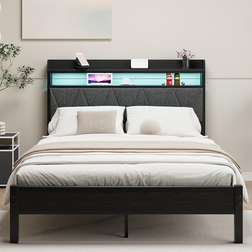 HAHRIR Double Metal Bed Frame with 4ft6 Upholstered Storage Headboard,Grey | Double Bed Frame with LED Lights & USB Charging, 135x190cm Two-shelf Storage Headboard, Heavy Duty Slats for Small Bedrooms