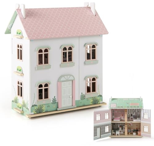 RELAX4LIFE Casa de Muñecas de 3 Pisos con Muebles, Tejado Doble y Panel Frontal Abierto, Casa de Muñecas Madera para Niños de 3-7 Años, Regalo para Niños, 55 x 33,5 x 66 cm, Rosa
