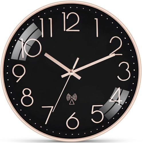 Ziprote Horloge Murale Radio Pilotée, 30 cm Pendules Murales Silencieuse Horloge, Moderne Horloge Radio Pilotée, sans Tic-Tac Pendule Murale pour Salon Cuisine Bureau Chambr (Noir)