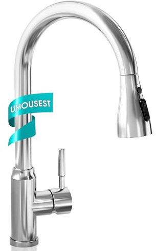 UHOUSEST Grifo Cocina, Acero Inoxidabl Grifo de Cocina，Con la Función de Rotación de 360°Grados, Es regulable entre caliente y frío, con accesorios de instalación